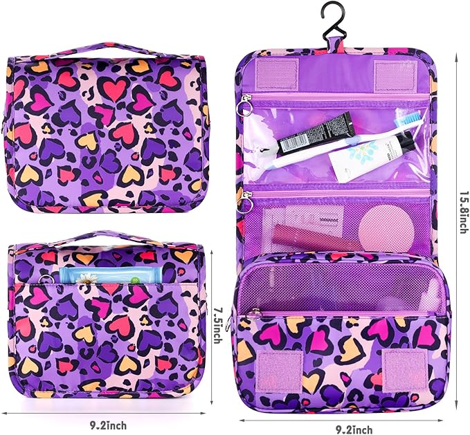 Kids Hanging Toiletry Bag for Girls, Travel Toiletry Bag for Little Young Girls Cosmetic Makeup Waterproof Wash Bag Toddler Traveling Toiletries, Leopard Purple