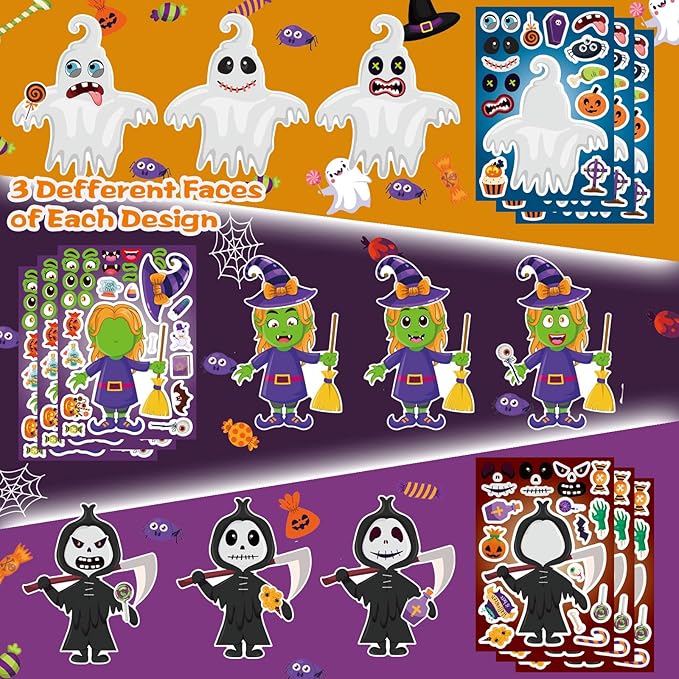 48 Sheets Halloween Make a Face Stickers for Kids, 16 Design Make Your Own Character Mix and Match Stickers Sheets Halloween Party Crafts Trick or Treat