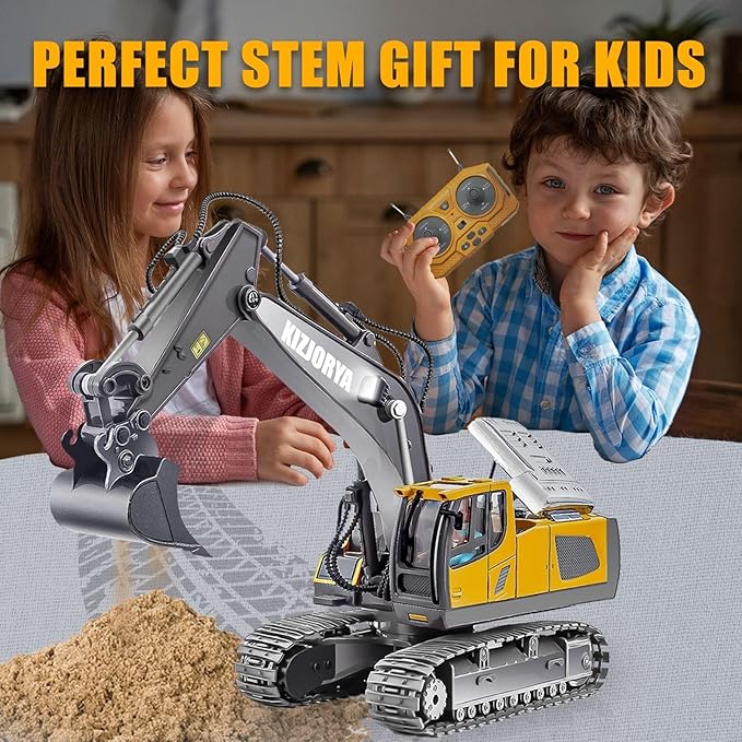 Remote Control Excavator, Toys for Boys Age 6-12, Rechargeable 11 CH RC Construction Vehicles Truck with Sound Light Metal Shovel, Birthday for Kids 7 8 9 10+ Year Old(2.4 GHz)