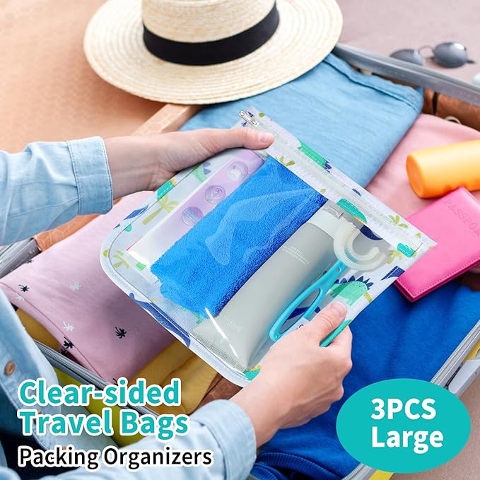 TSA Approved Toiletry Bag, Set of 3 Clear Travel Toiletry Bag Quart Size Zipper Travel Pouch, Waterproof Makeup Cosmetic Bag for Women Men Kids Toiletries Carry on, Dinosaur Large