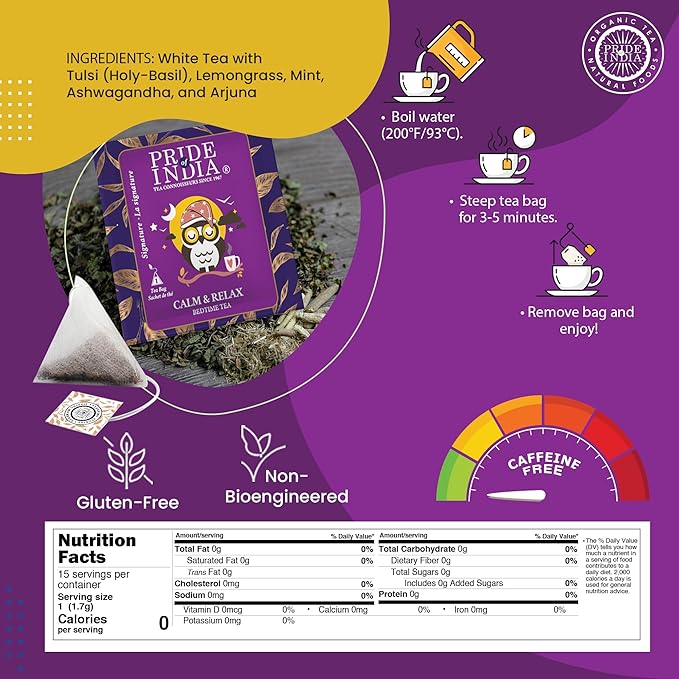 Pride of India | PACK of 6 - Sip and Relax : Bedtime Tea | 15 Pyramid Full Leaf Individually Wrapped Tea Bags| 100% Natural Blend of White Tea & Herbs from Single Origin | Calming and Soothing