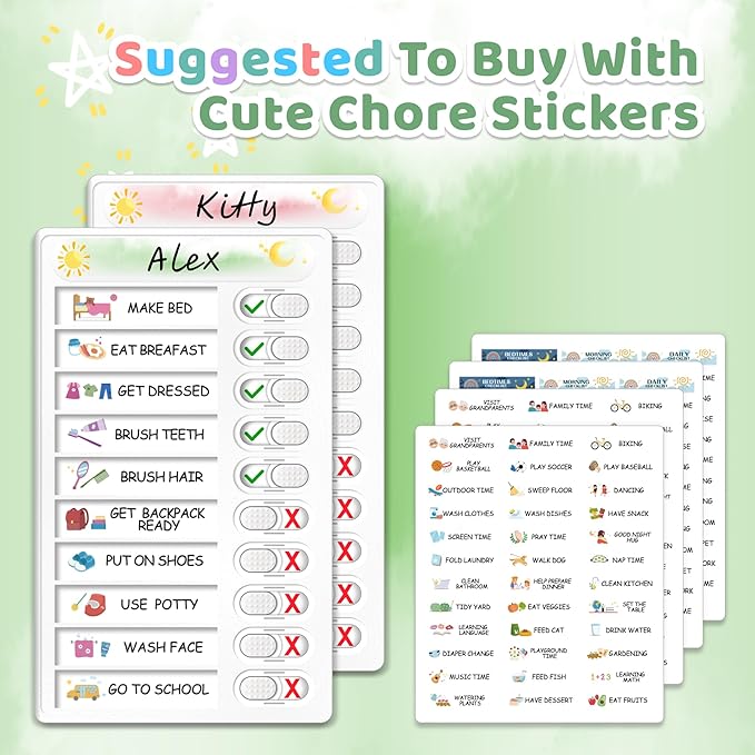 Upgraded Slider Dry Erase Chore Chart for Kids, Whiteboard Magnetic Chore Chart for 2 Kids, Reusable Morning/Bedtime Routine Chart for Kid Toddlers Teens Adult, Visual Schedule for Kid with Autism