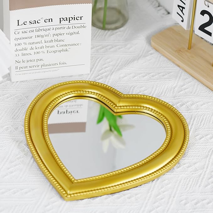 Heart Shape Makeup Mirror Wall Mounted Mirror with Hanging Hole for Home Room Decoration Birthday Gift Valentine's Day Gift for Girl,10.6x10.2inch(Gold)