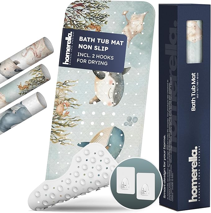 Homerella Baby Bath Tub Mat | Anti Mold Mildew Resistant Non Slip Kids and Adult Bath Tub Shower Mats | 40x16 inch Long with Suction Cups for Secure Grip Hooks for Storage & Drying | Machine Washable