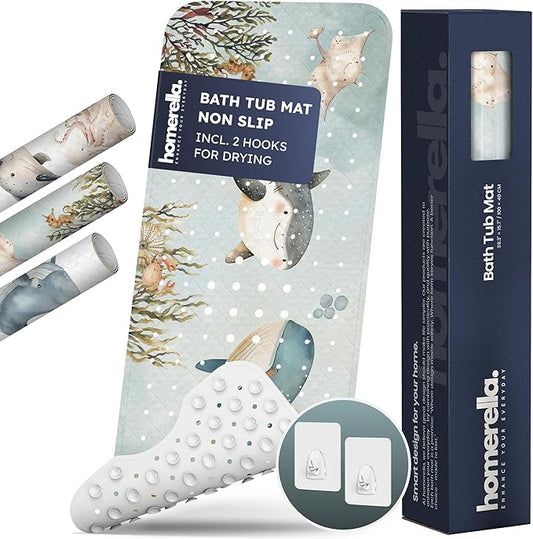 Homerella Baby Bath Tub Mat | Anti Mold Mildew Resistant Non Slip Kids and Adult Bath Tub Shower Mats | 40x16 inch Long with Suction Cups for Secure Grip Hooks for Storage & Drying | Machine Washable