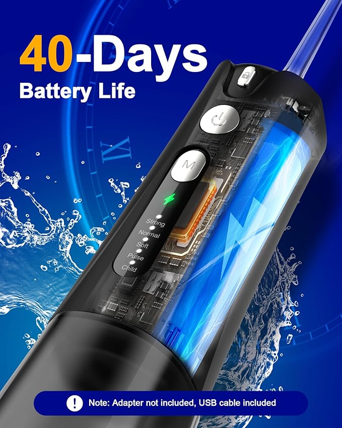 Water Flosser Teeth Pick: 5 Modes Cordless Water Dental Floss 300ML Portable Rechargeable IPX7 Waterproof Electric Water Flossing Cleaning Picks with 6 Jet Tips Oral Irrigator Cleaner, Black