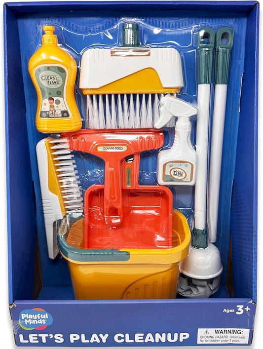 8-Piece Cleaning Playset for Toddlers - Broom, Mop, Pail, Dustpan, Brush, Squeegee, and Pretend Bottles - Perfect for Imaginative Play and Skill Building