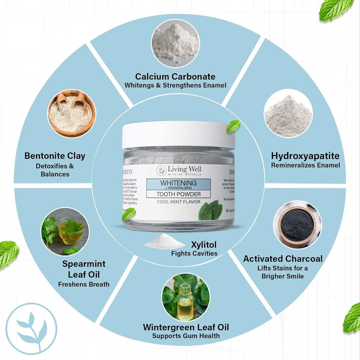 Living Well with Dr. Michelle Remineralizing & Whitening Tooth Powder Cool Mint | Fluoride-Free Hydroxyapatite Formula | Supports Enamel Strength and Natural Whitening