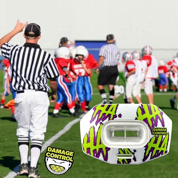 DAMAGE CONTROL Youth Football Mouth Guard – Breathable No Boil Mouthpiece, Protects Lips & Teeth, Works with Braces, Includes Helmet Strap – Sports Gear & Accessories (HA HA HA)