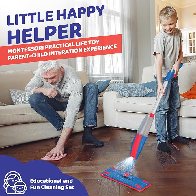 Kids Spray Mop Real with Sprayer + 2PCS Mop Pads, Toddler Cleaning Tool Real Works for Realistic Housekeeping Cleaner Pretend Play Toys Montessori Mini Mop & Sweeper for Kids Aged 3+