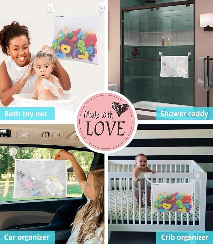 Bath Toy Net 18x16 Inch Kids Bath Tub Toy Holder, Corner Mesh Bag, Baby Bathtub Storage Organizer, Large Bathroom Bucket Bin, Toddler Shower Caddy Hanging Basket, 2 Suction Cups 2 Adhesive Wall Hooks