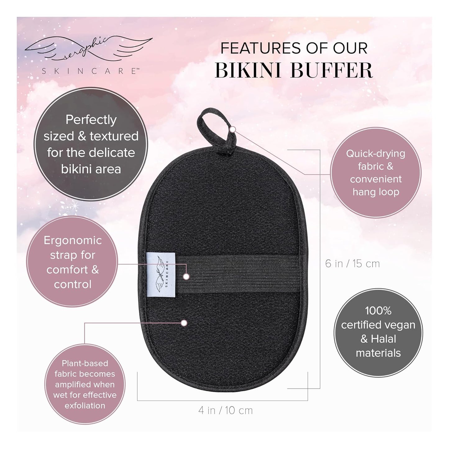 Seraphic Skincare Bikini Buffer – 100% Vegan Viscose Scrub Mitt For Women – Gently Exfoliates Dead Skin – Ingrown Hair & Razor Bumps Treatment on Bikini Area – Natural & Effective Exfoliation