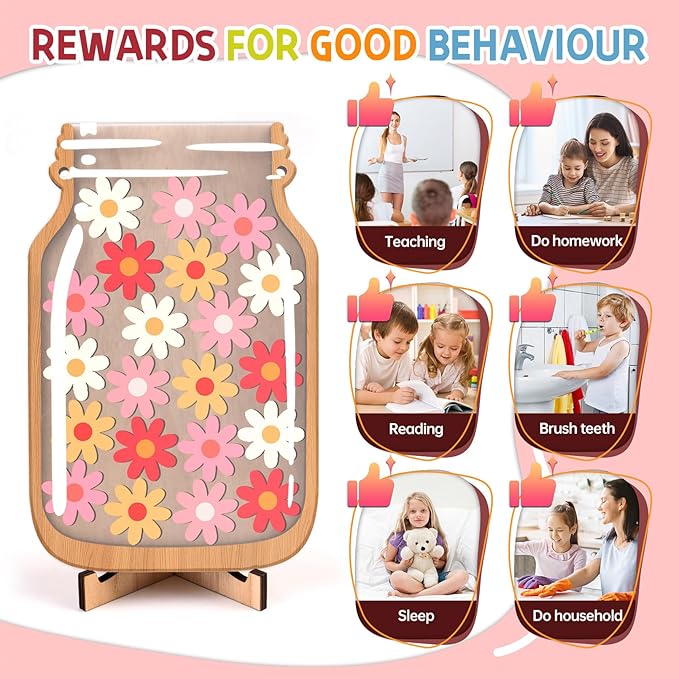 Flowers Reward Jars for Kids-Magnetic Reward System with Colorful Letter Stickers,Behavior Classroom Incentive Jar for Teachers Parents (Mason Jar with Stars, Kids Motivational Tool)
