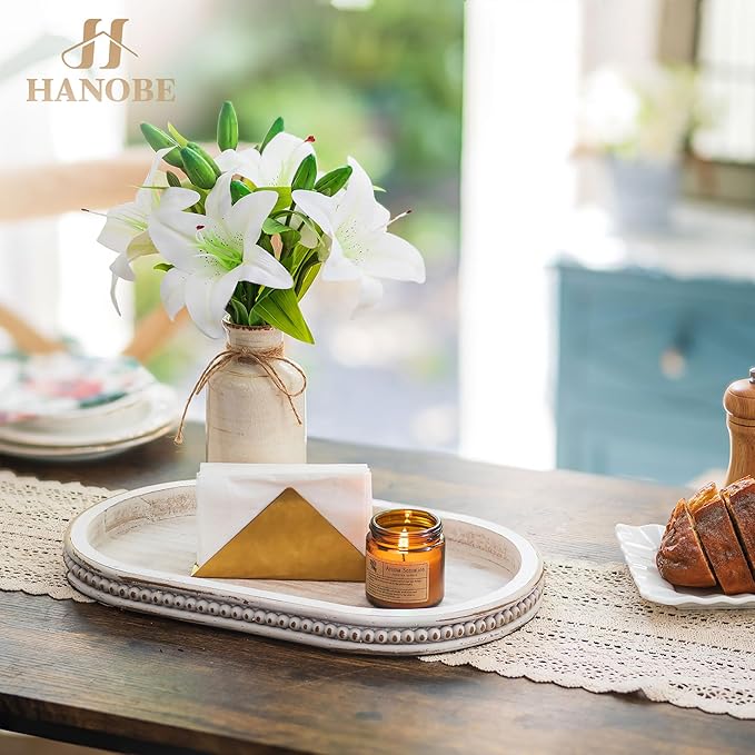 Hanobe Decorative Trays for Coffee Table : White Oval Centerpiece Tray Wood for Farmhouse Entry Table Decor Round Bathroom Tray for Living Room Kitchen Counter