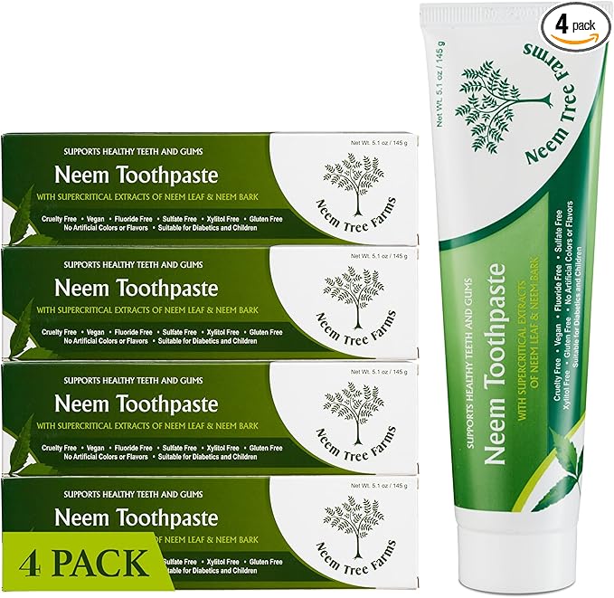 Neem Fluoride Free Toothpaste - Adult and Children Friendly - 100% Vegan Natural Toothpaste, Gluten Free, No Artificial Ingredients - Supports Daily Gum Care - with Clove & Stevia (4 Pack)