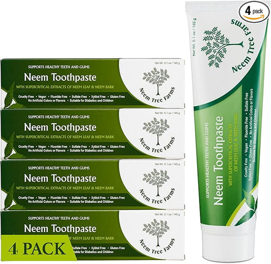 Neem Fluoride Free Toothpaste - Adult and Children Friendly - 100% Vegan Natural Toothpaste, Gluten Free, No Artificial Ingredients - Supports Daily Gum Care - with Clove & Stevia (4 Pack)