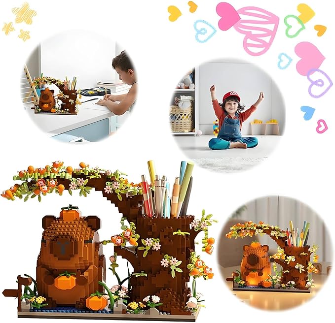 Capybara Building Blocks Set -1880PCS Cute Animals & Flowers Building Bricks Kit Kawaii Capybara Gifts Toy for Kids Age 12+, Capybara Stuff Pen Holder&Desk Organizer, Arts &Crafts for Boys Girls Adult