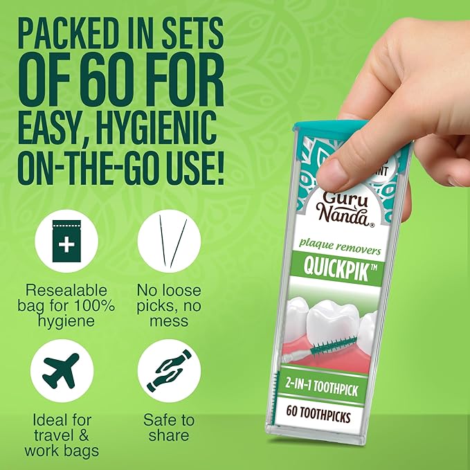 GuruNanda 2-in-1 QuickPik Toothpick & Interdental Pick – Soft Rubber Bristles for Plaque Removal & Improved Oral Care, Comes with a Travel Case for On-The-Go Use, 60ct