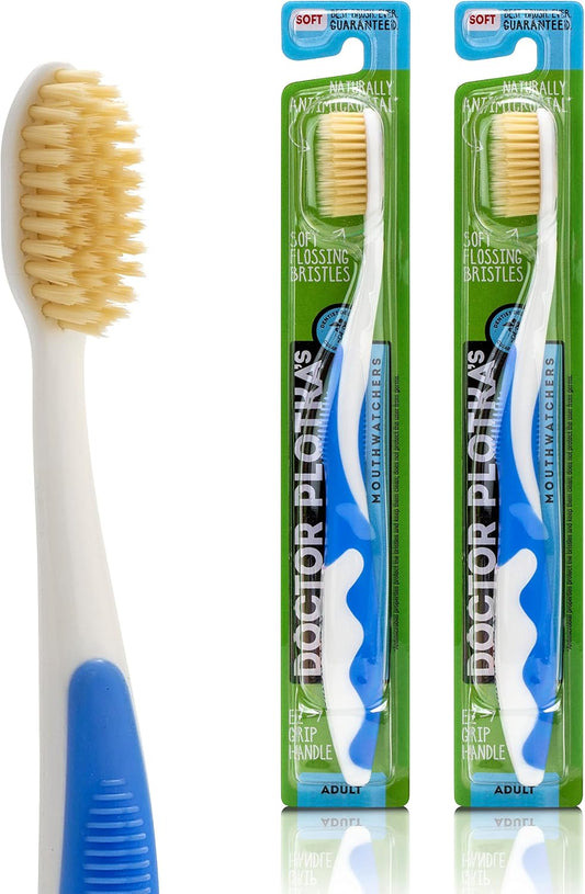 MOUTHWATCHERS Soft Flossing Manual Toothbrush for Adults, 2 Pack, Blue, Ultra Clean, Good for Sensitive Teeth and Gums, by Dr. Plotka's