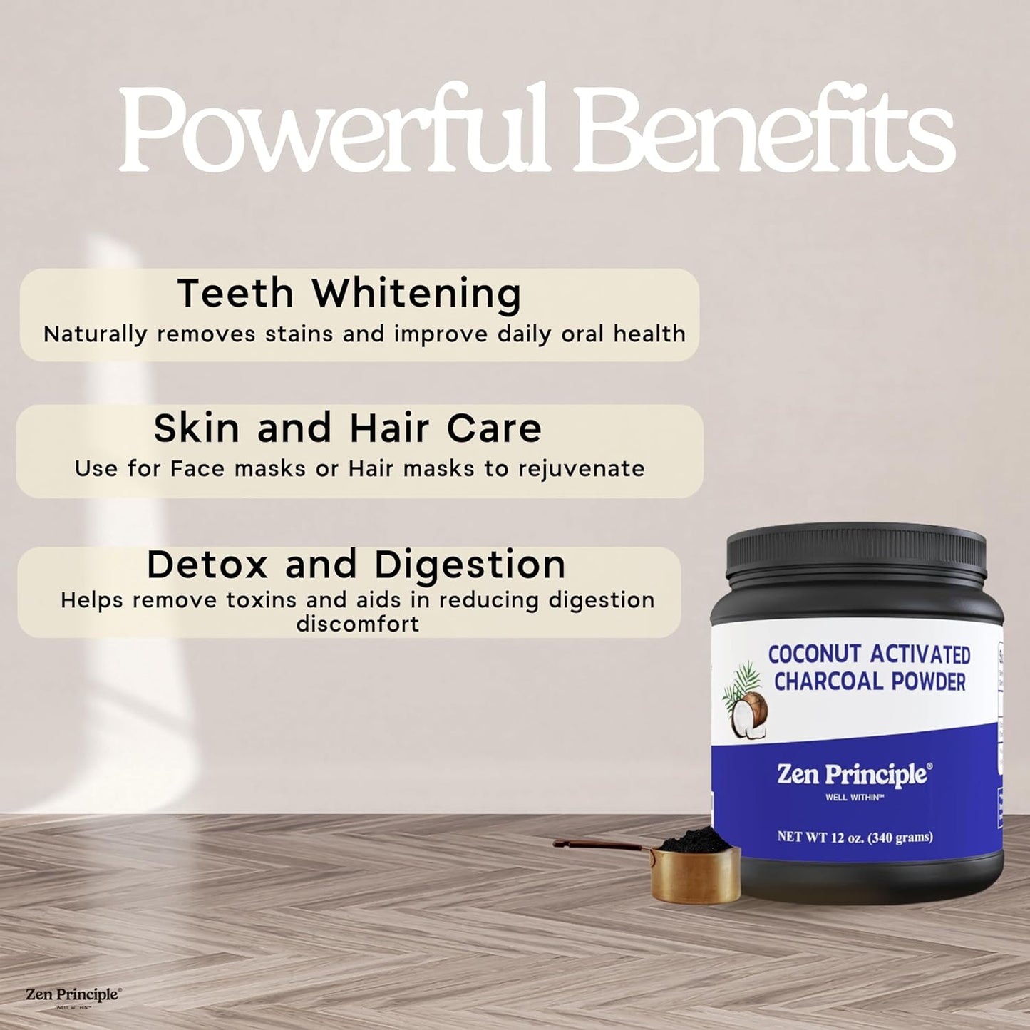 Zen Principle Coconut Activated Charcoal Powder. Whitens Teeth, Rejuvenates Skin and Hair, Supports Better Digestion. USA-Owned Producers, Free Scoop, 12 Oz