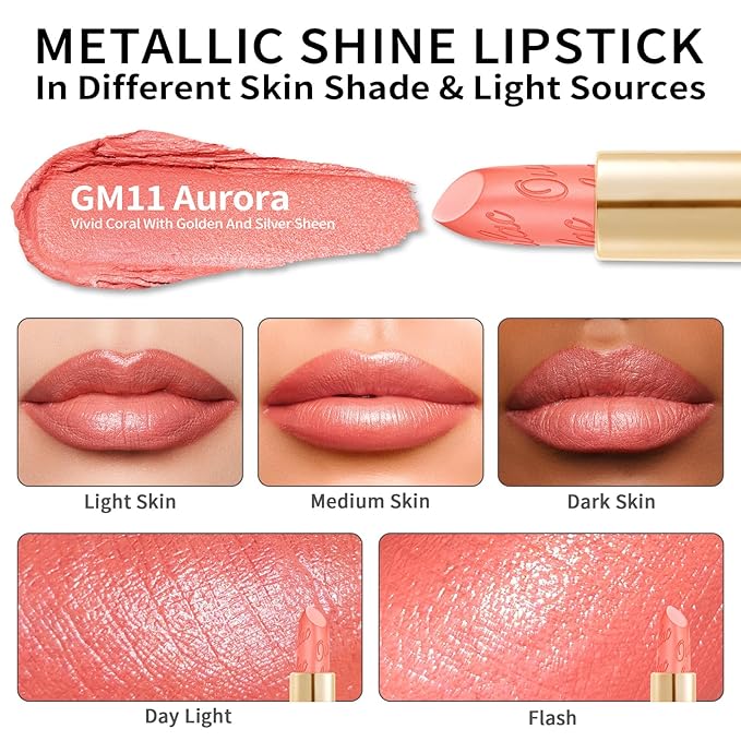 Oulac Matte Coral Lipstick with Glow Metallic Finish - Vegan Lipstick for Women, Creamy Texture, Hydrating Clean Beauty Formula, High-End Magnetic Hook Design, GM11 Aurora