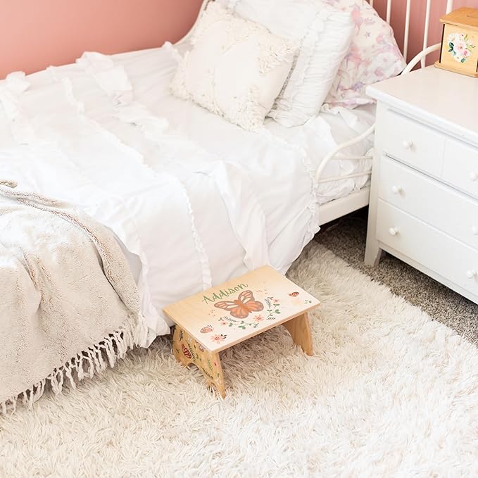 Step Stool for Toddlers- Personalized Wood Kids Step Stool with Name for Kitchen Sink, Bathroom, Potty Training, Toilet, Kitchen Sink- Sturdy and Safe- Made in USA by BloomOwl (Elephant- Coral Floral)