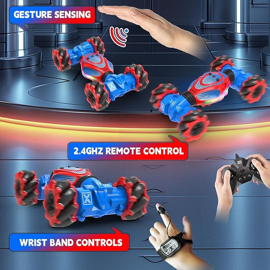 Remote Control Car - RC Drift Car for Boys Age 8-12, Gesture Sensing RC Stunt Cars 4WD Hot Wheels Cars Toy for Kids 4 5 6 7 8 9 10 Year Old Boy Birthday (Red-Blue)