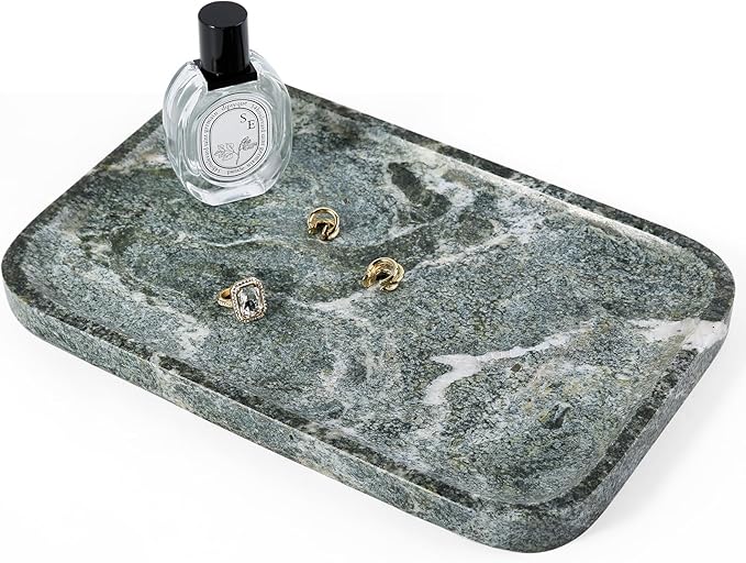 Koville Marble Tray, 12"x8" Natural Marble Vanity Tray for Countertop Bathroom Kitchen Dresser, Decorative Catchall Trays for Perfume Jewelry, Rectangular Stone Serving Tray(Green)