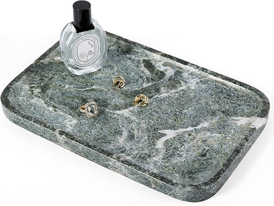Koville Marble Tray, 12"x8" Natural Marble Vanity Tray for Countertop Bathroom Kitchen Dresser, Decorative Catchall Trays for Perfume Jewelry, Rectangular Stone Serving Tray(Green)
