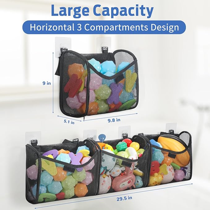 Bath Toy Storage, Goowin Bath Toy Holder, 3 Compartment Large Openings Bath Toy Organizer, Large Capacity Bath Tub Toy Holder, Kids Bathtub Toy Storage For Accessing & Sorting Toys (Black, Upgrade)