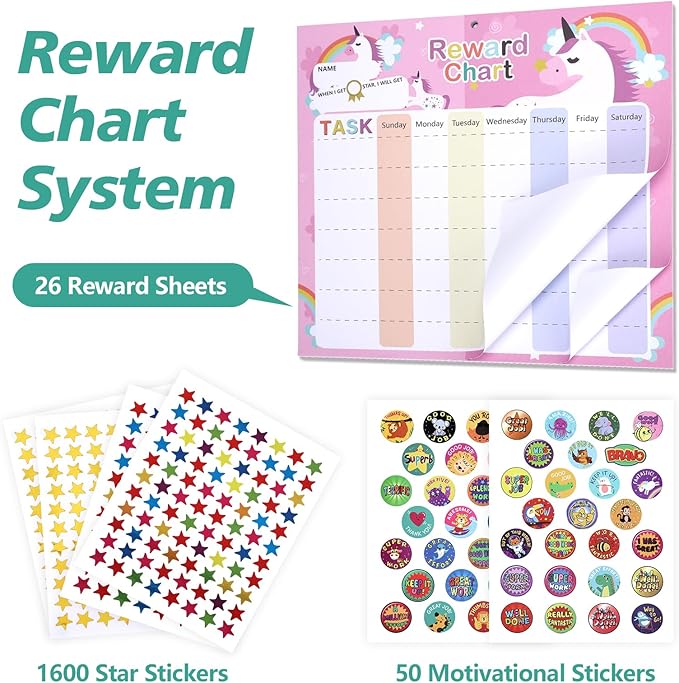 Behavior Chart for Kids - Reward Chart for Kids with 26 Reward Sheets, Magnetic Reward Chart for Kids with 1600 Star Stickers, 50 Motivational Stickers, Responsibility Chart for Kids, Behavior Chart