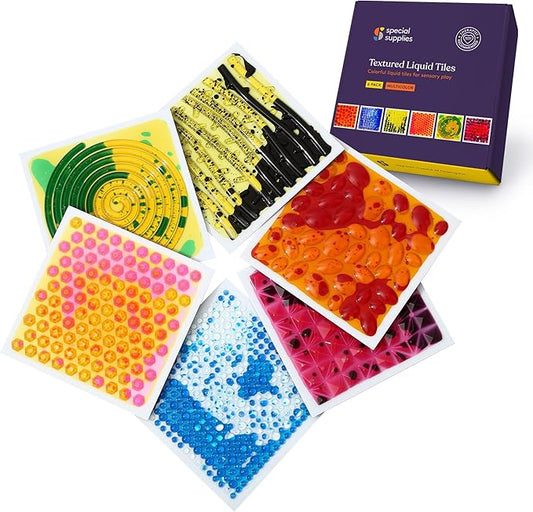 Special Supplies Textured Square Floor Liquid Tiles for Kids, Set of 6, Colorful Early Learning Sensory Activity Mats for Toddlers and Children, Anti-Slip Backing for Active Play, Dance, and Games