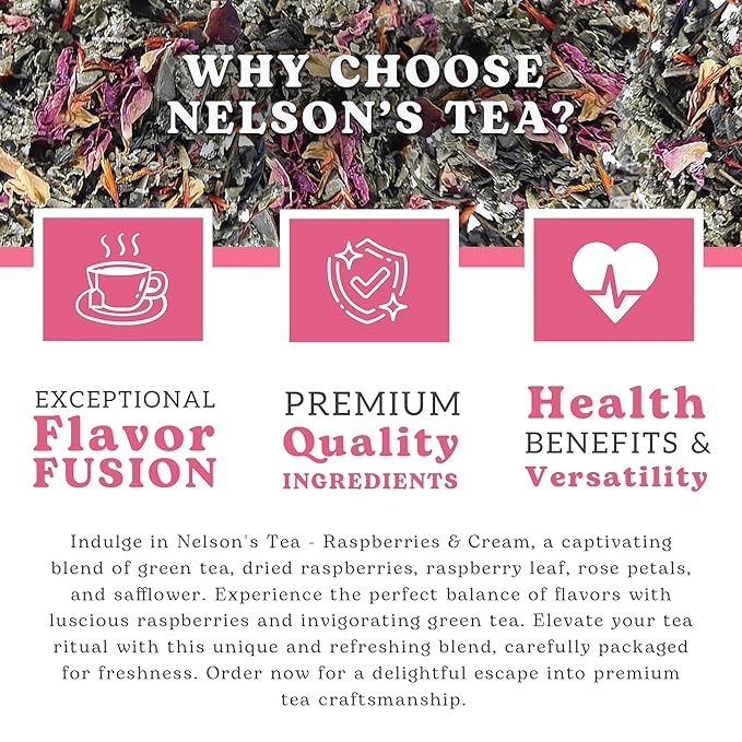 Nelson's Tea Raspberry & Cream - Cut & Sifted Loose Leaf Tea with Rooibos Green Tea, Dried Red Raspberry Leaf, Marigold, Hibiscus, Rose Petals, and Safflower (Sample 0.3 Oz)