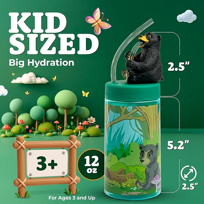 Regional Black Bear Cup, Water Bottle, Tumbler with Lid and Straw, Travel Sippy Cup for Water or Milk, Cups with Lids BPA Free Plastic, 12 oz