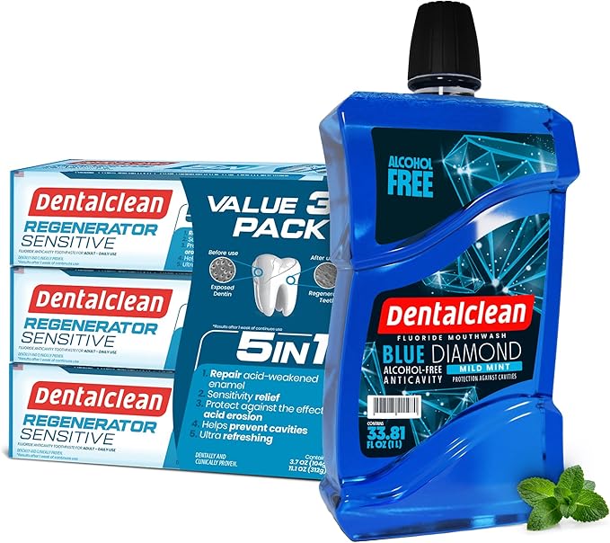 Alcohol-Free Mouthwash 33.8 Fl Oz (Blue Diamond Mint) + Pack of 3 Regenerating Tooth Gel – Natural Mint