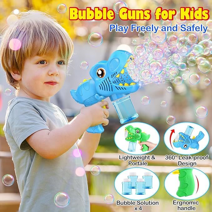 Kids Bubble Gun 2 Pack Dino Bubble Machine Gun for Toddlers with 4 Solutions Automatic 13-Hole Bubbles for Kids Blower Maker Easter Basket Essentials Stocking Stuffers Gift Party Favors for Boys Girls