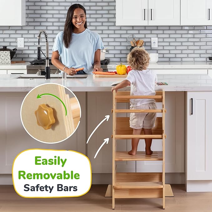 OCODILE Toddler Standing Tower - Adjustable Height Toddler Kitchen Stool Helper - Ideal Kids Kitchen Step Stool for Learning New Skills - Updated Design with Safety Feet - Varnished