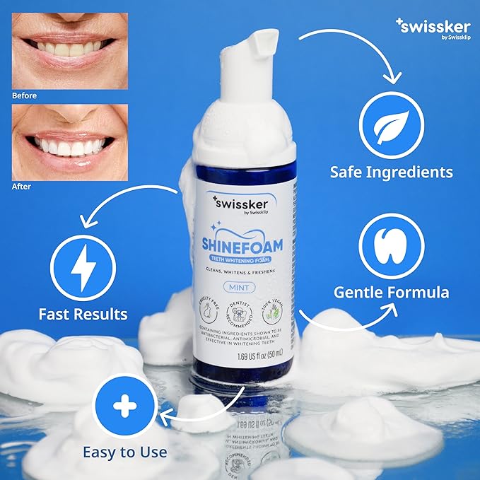 Swissklip ShineFoam | Teeth Whitening Foam | Mint Flavor Whitening Toothpaste | Teeth Whitener I Professional Teeth Whitening Kit | 100% Vegan - Made in USA - 1.69 oz - Pack 2