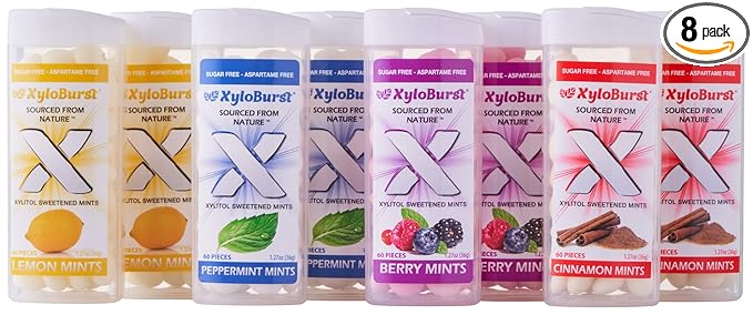 XyloBurst - Xylitol Mints | Sugar Free Breath Mints for Oral Health | Gluten Free, Vegan, Keto Friendly | Aspartame Free | Variety Pack | 60 Count Jar, 8-Pack