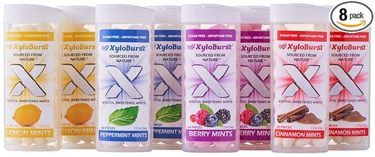 XyloBurst - Xylitol Mints | Sugar Free Breath Mints for Oral Health | Gluten Free, Vegan, Keto Friendly | Aspartame Free | Variety Pack | 60 Count Jar, 8-Pack