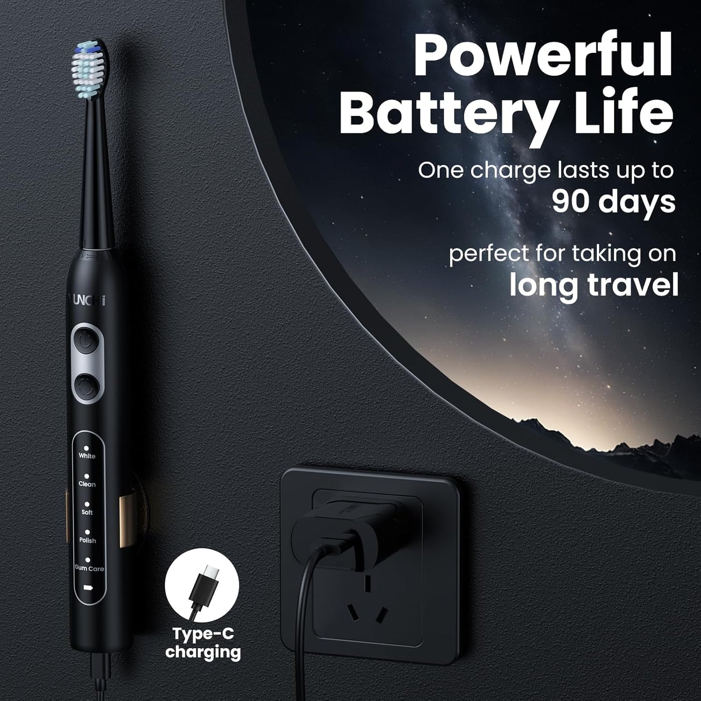 YUNCHI Electric Toothbrush for Adults and Kids, Sonic Rechargeable Toothbrushes with 8 Brush Heads, 1 Travel Case, 90 Days, 2 Min Timer, IPX7 Waterproof, 5 Modes, Type-C, 40000 VPM Motor, Black