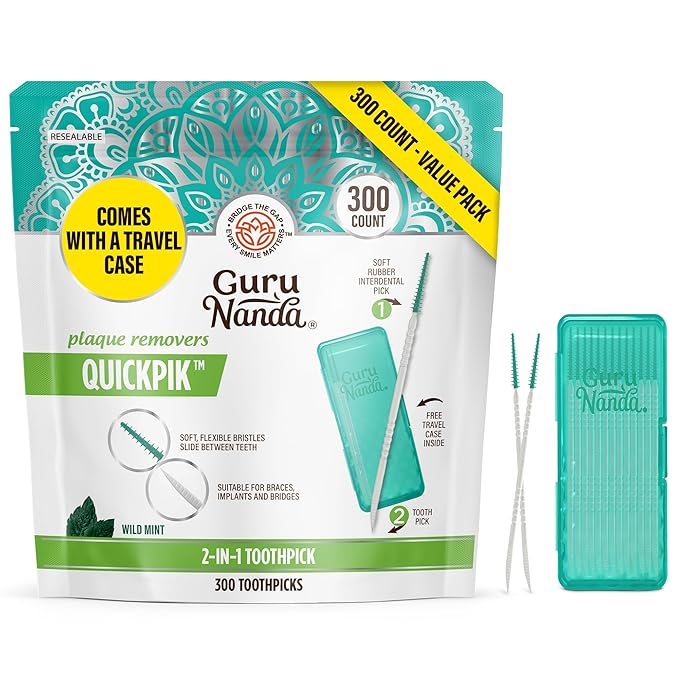 GuruNanda 2-in-1 QuickPik Toothpick & Interdental Pick – Soft Rubber Bristles for Plaque Removal & Improved Oral Care, Comes with a Travel Case for On-The-Go Use, 300 Ct