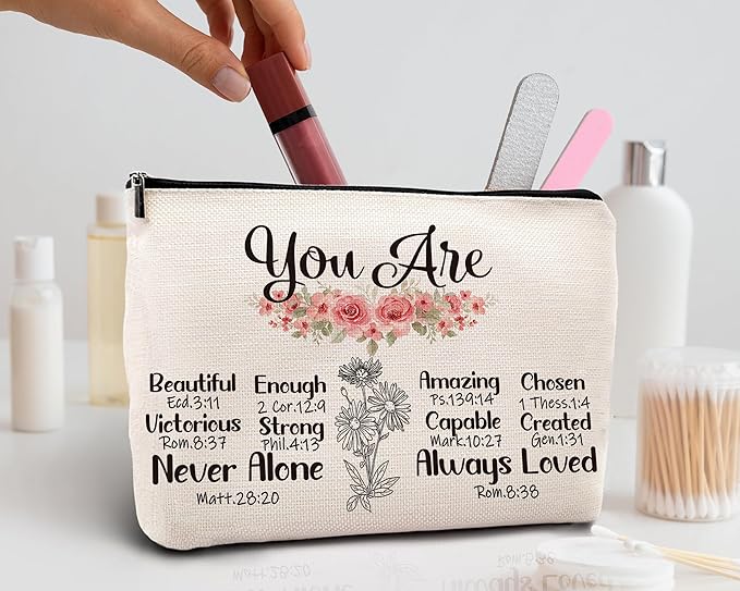kdqua Christian You are Enough Makeup Bag, Feminist Gift Inspirational Bible Verse Linen Cosmetic Bag Zipper Pouch Travel Organizer Toiletry Bag, Religious Gifts Idea for Women Mom Coworker Friends