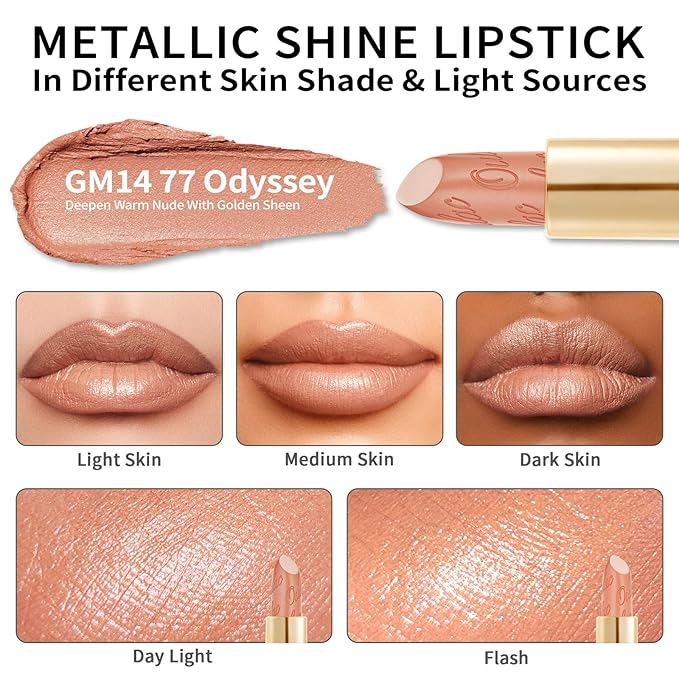 Oulac Matte Nude Lipstick with Glow Metallic Finish - Vegan Lipstick for Women, Creamy Texture, Hydrating Clean Beauty Formula, High-End Magnetic Hook Design, GM14