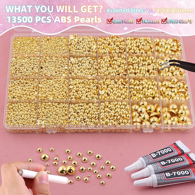13500Pcs Flatback Pearls for Bedazzling (Gold) with 3Pcs B7000 Jewelry Glue, Assorted Size 2/3/4/5/6/8/10mm Half Pearl, Bedazzling Gems for Crafting Clothing Tumbler Shoes Embellishment Nail Art