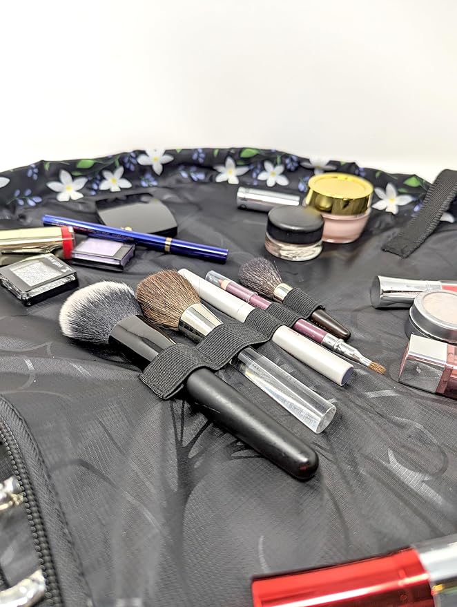 Lay-n-Go Cosmo Drawstring Cosmetic & Makeup Bag Organizer - Portable Drawstring Makeup Bag w/Zipper Pocket, Makeup Loops & More - Durable, Machine Washable Toiletry Bag (20", Floral Large)