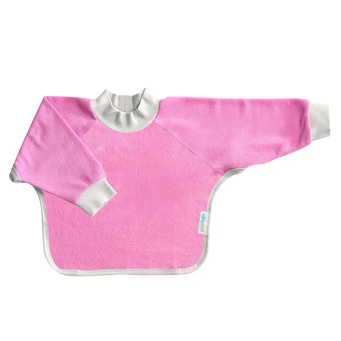 Kiddologic Bibit-all Baby Feeding Bib, Long Sleeves with Ribbed Cuffs and High Collar, Stretchy Pullover Smock, Soft Absorbent Terry, Waterproof Lining, Infant Girl 6-12 Months, Wild Orchid (Pink)