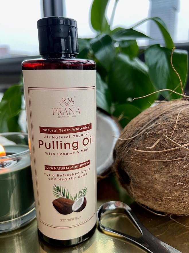 PRANA Coconut Pulling Oil Mouthwash with Tongue Scraper- Ayurvedic Oils for Clean Rinse with Coconut Oil & Clove & improving Teeth & Gum Health - Teeth Pulling Oil Keeps Your Mouth Refreshed- 237ml