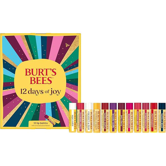 Burt's Bees 12 Days of Joy Lip Balm Advent Calendar Gift Set, Flavored Lip Balm Pack Great for Office Holiday Gifts, Tint-Free, Natural Origin Lip Care, 12 Tubes, 0.15 oz.