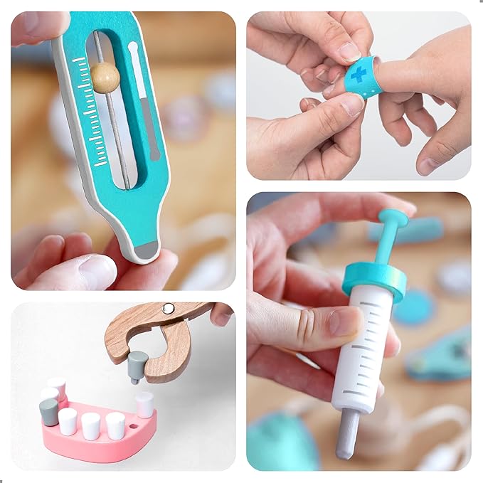 UMU® Deluxe Wooden Doctor Play Set – 37 Pcs Pretend Medical Kit with Stethoscope Dentist Tools Laptop & Accessories – Doctor Role Play Toy for Kids Ages 3 4 5 6